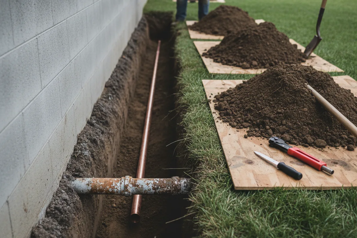 Excavated water line trench during Sewer Line Repair in Broad Brook